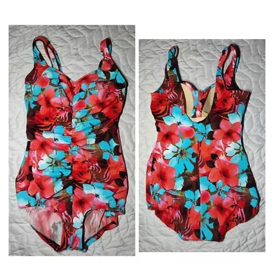 Maxine Of Hollywood Front Shirred One Piece Pink Blue Floral Swimsuit 14 • $22.50