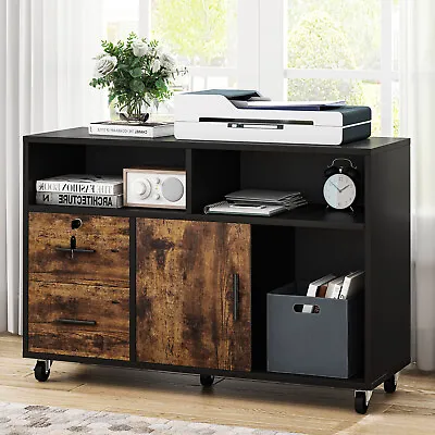$128.99 • Buy 2 Drawer Mobile Lateral File Cabinet Printer Stand With 2 Open Storage Shelves