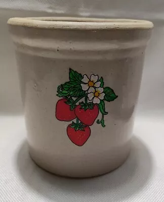 VTG  1.5 Quart Stoneware Crock With Strawberry Applique Beige VGC Utensil Holder • $19.99