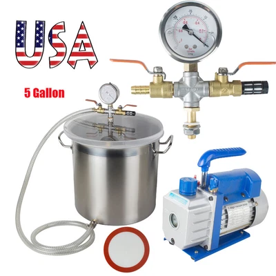 $199 • Buy 5Gallon Vacuum Degassing Chamber Silicone 3 CFM Single Stage Pump Hose Noiseless