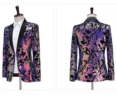 Mens Glitter Sequins Lapel Blazer Coat Formal Party Stage Show Overcoat Jackets • $86.03