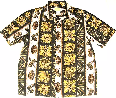 Vintage Men's UI-MAIKAI Brown-Orange Mask-Flowers Hawaiian Camp Shirt L/XL • $28