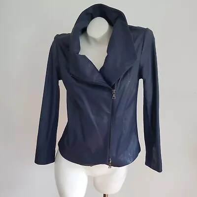 Vince Leather Knit Moto Jacket Medium Navy Blue Long Sleeve Full Zip Supple • $109.50