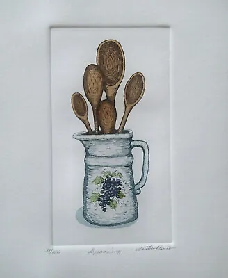 Martha Hinson Etching   Spooning  Wooden Spoons In Mile Jug With Grapes & Vines • $10.99