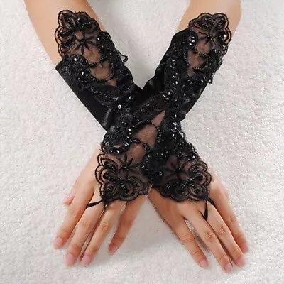 Womens Long Fingerless Gloves Lace Net Mittens Fancy Party Prom Evening Wedding • $7.21
