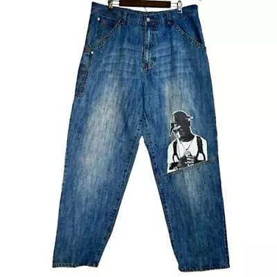 Vintage Y2K Makaveli Tupac Mens Straight Baggy Skater Jeans Blue Pants 38x33 • $89.97