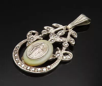 925 Silver -  Vintage Mother Of Pearl & Marcasite Virgin Mary Pendant - PT20573 • $41.22