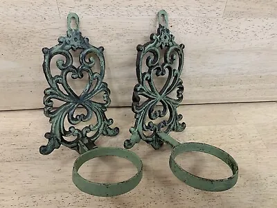 Candle Holder Sconces Scrolls Planters Lot Of 2 Vintage Cast Iron Green • $29.64
