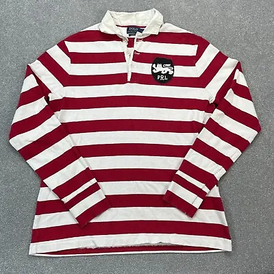 Polo Ralph Lauren Shirt Adult Large Red White Pony Lion Crest Rugby Striped Mens • £38.99