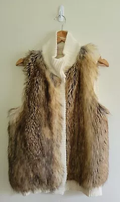 Michael Michael Kors Brown & Cream Faux Fur Shaggy Vest Sz Petite L Wool Blend • $29.99