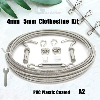 4mm 5mm PVC Plastic Coated Wire Rope Garden Hanging Line Clothesline Kit • £10.57