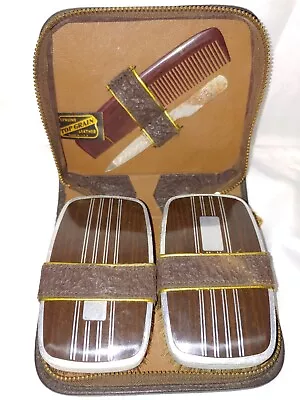 Vintage Travel Grooming Kit Leather Zip Case With Original Brushes-Comb-File USA • $19.99