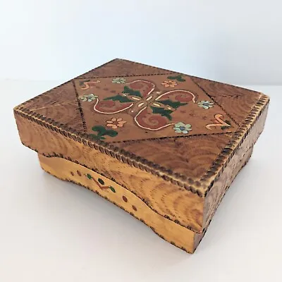 Vintage Handmade Hand Painted Folk Art European Wood Jewelry Trinket Box • $29.99