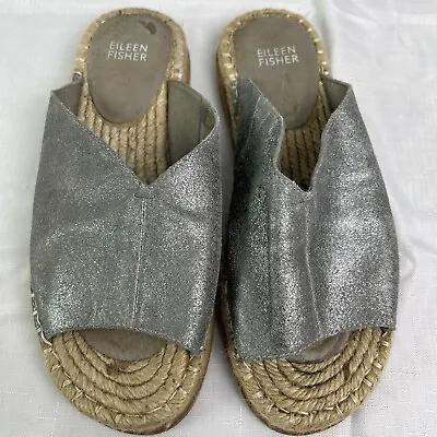 Eileen Fisher Metallic Silver Milly Mule Leather Espadrille Sandal Shoe Size 7 • £40.84