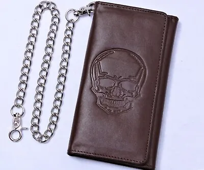 Men's RFID Blocking Biker Brown Genuine Leather Trucker Trifold Chain Wallet • $29.74