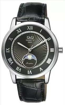 Citizen Q&q $135 Men's Moon Phase Silver Black Dial Leather Watch Qz10j308y • $58.80