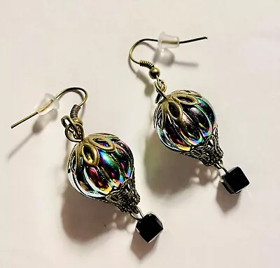 Hot Air Balloon Iridescent Bead Steampunk Pierced Earrings New • $10