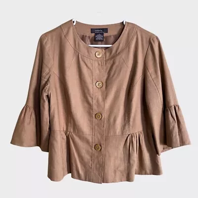 George Designs By Mark Eisen Women's Brown Khaki Peplum Top Size 8 Linen Blend  • $5.95