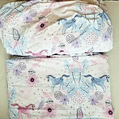 Pottery Barn Kids Aria Water Color Horse Owl Floral Full Sheet Set Fitted Flat • $89