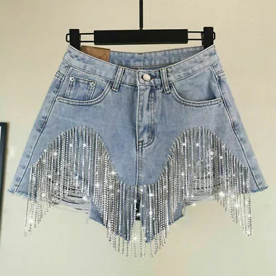 New Sequin Beaded Denim Shorts Rhinestone Tassel Hot Pants  Fringe Slim Woman • $26.89