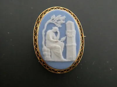 Vintage 14KT Yellow Gold Wedgwood Blue Jasperware Mourning Tombstone Brooch • $110