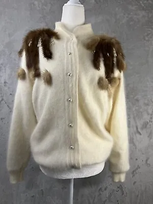 Belldini Sweater Women’s Small Cream Angora Mink Trim Lined Jacket Vintage 80's • $46.55