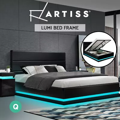 $342.95 • Buy Artiss RGB LED Bed Frame Queen Size Gas Lift Base Storage Black Leather LUMI