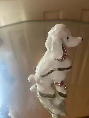 Vintage White Standard Poodle Dog Trinket Pill Box Decorative Enamel Crystal • $29