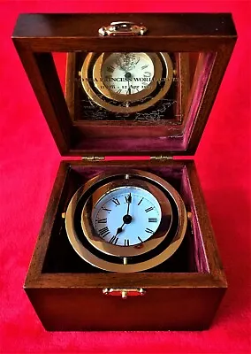 Gyroscopic Clock In Wooden Box Marine Nautical Chronometer Quartz • £119