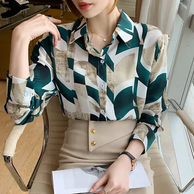 Women Printed Fall Long Sleeve Vintage Casual Loose Button Down Shirt Blouse Top • $35.94