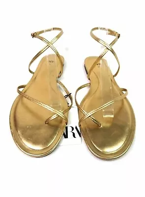 Gold ZARA Women's Leather Toe Loop Ankle Strap Flat Sandals Sz EU 41 • $39.20