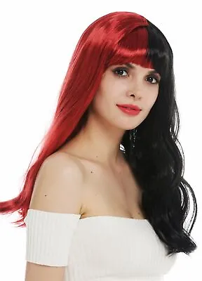 Wig Carnival Cosplay Ladies Long Wavy Fringe Black Red Halves Punk Emo • $11.92