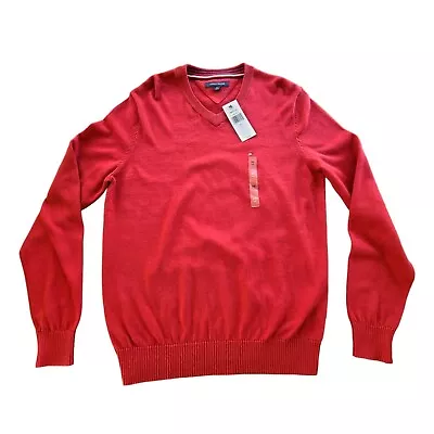 Tommy Hilfiger Men's M Red V-Neck Pullover Sweater Long Sleeve Embroidered Logo • $24.99