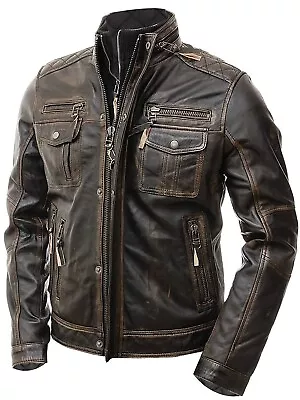 Men’s Motorcycle Biker Vintage Distressed Brown Cafe Racer Real Leather Jacket • $139.99