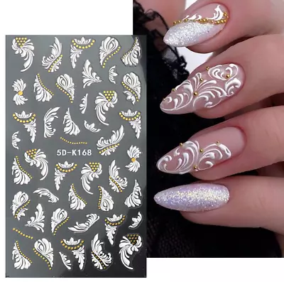 5D Embossed White Nail Art Stickers Butterfly Flower Self Decal Decor K168 NH7 • $2.95