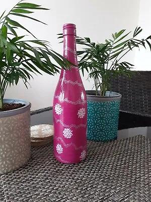 Hand Painted Tall Glass Bottle Home Table Centerpiece Flower Vase Pink/White • £5.50