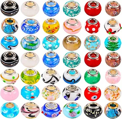 50pc Mix Silver Plate Murano Lampwork European Glass Crystal Charm Beads Spacers • $9.99