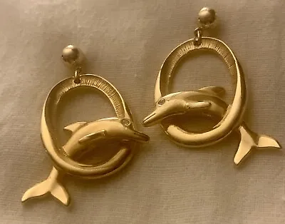Vintage NWOT  Gold Tone Whimsical Diving Dolphins Pierced Earrings • $15.99