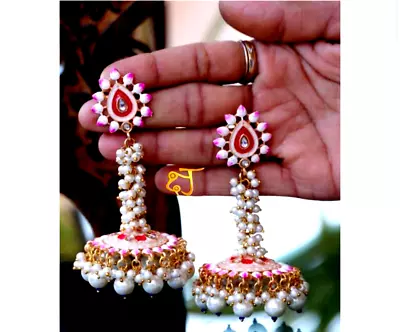 Indian Designer Pearl Gold Plated Bollywood Enameled Kundan Jhumka Earrings • $28.26