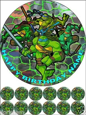 £3.99 • Buy Edible Round 7,5  Turtles Ninja Birthday Cake Topper And 12 Cupcakes Toppers