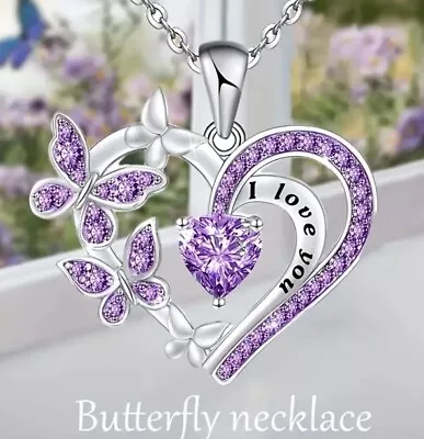 Elegant Trendy I Love You Heart Butterfly Pendant Necklace Purple Rhinestone NEW • $7.99