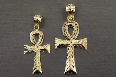 10K Solid Yellow Gold Men Women Diamond Cut Ankh Egyptian Cross Charm Pendant. • $85