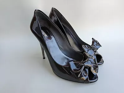 MIU MIU Metallic Silver Patent Leather Peep-Toe Stiletto Heels Pumps 38 • $99.99