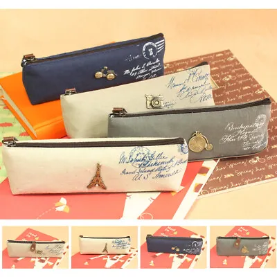 Classic Retro Style Canvas Pencil Case With Vintage Copper Metal Decor • £2.47