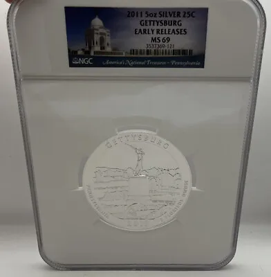 2011 5 Oz Silver 25c Gettysburg Early Releases MS 69 • $250