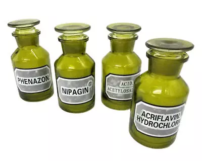 Green Glass Apothecary Bottles With Lids Poison Goth Steam Punk Set Of (4) • $30