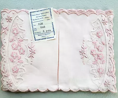 NOS Vintage 8 MADEIRA Hand Embroidered COCKTAIL Napkins Pink White B • $69