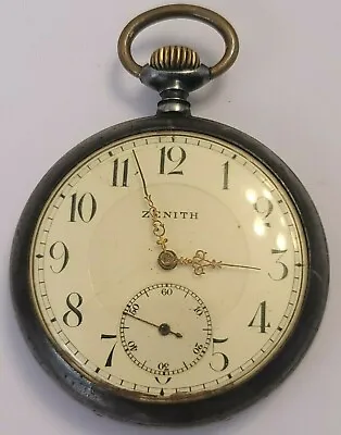 Vintage Zenith 51mm Gun Metal Steel Cased Pocket Watch Works And Keeps Time • $130