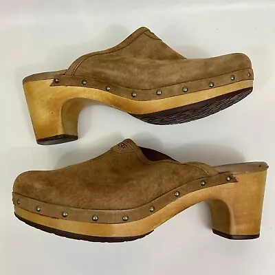 UGG Abbie Suede Sheepskin Studded Wood Platform Mule Clogs Brown Size 9 • $34.50