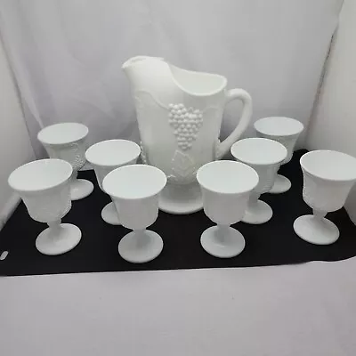 Indiana Glass Harvest Grape 40 Oz Milk Glass Pitcher And 8 Goblet Footed Cups • $39.95